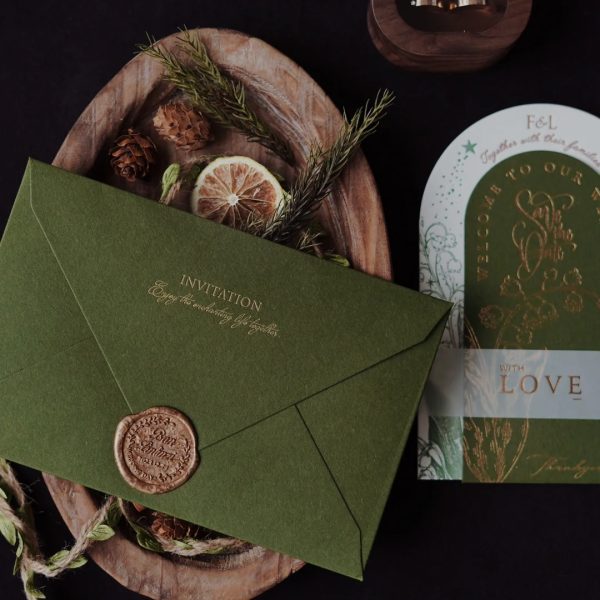Forest-Inspired Wedding Invitation Green & Gold Foil Design