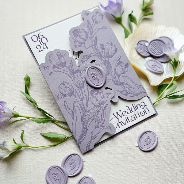 Violet Carved Wedding Invitation | Elegant Wax Seal Design